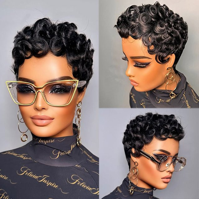 Cindi Leive Perücke, Pixie-Schnitt, schwarz, lockig, brasilianisches Remy-Haar, 150 % Dichte, Damen - Bild 1