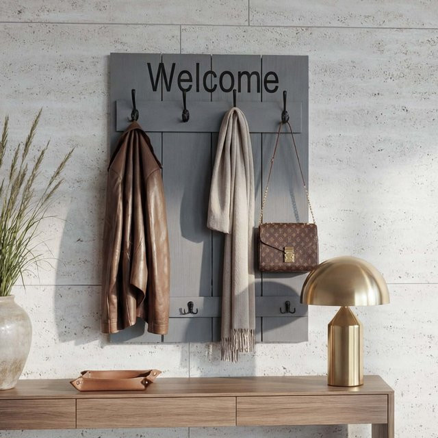 Wandgarderobe MCW C89 Welcome aus Paulowniaholz im Shabby-Look Vintage, Farbe Grau-Blau, B: 91 cm, H: 60 cm - Bild 1