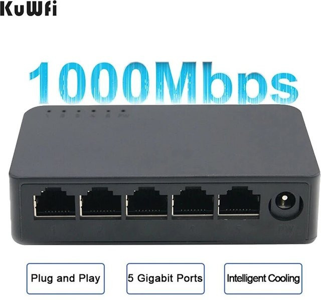 KuWFi 5 Ports Gigabit Ethernet Switch 1000 Mbit/s mit WAN und LAN Ports für Home Office und IP Kameras - Bild 1