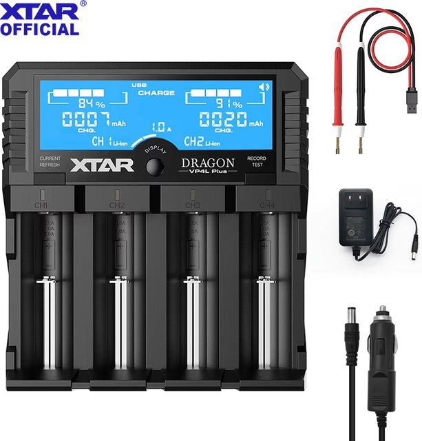 XTAR VP4L PLUS Lithium-Batterieladegerät in Schwarz mit Kapazitäts- und Spannungstester für AA/AAA wiederaufladbare Batterien und Multimeter-Funktion - Bild 1