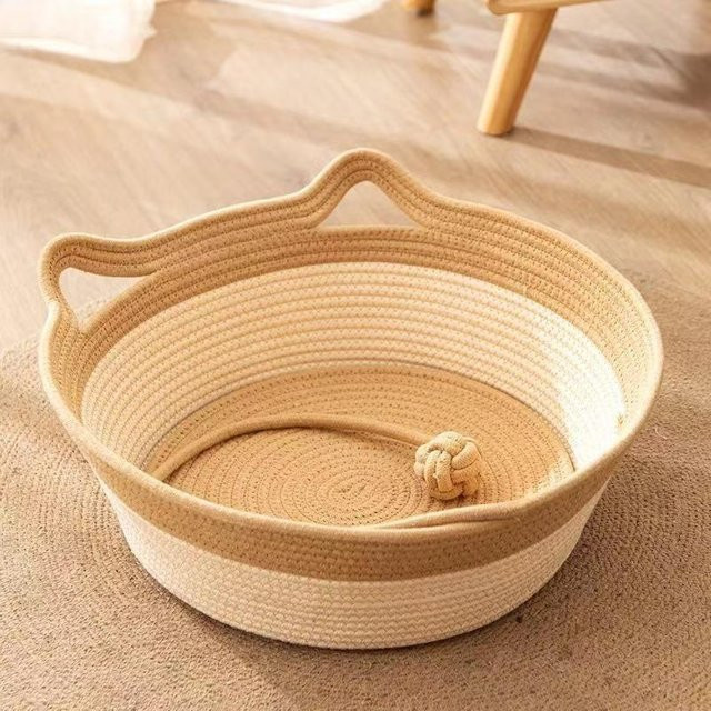 Beiges Katzennest aus Hanf-Rattan und Oxford-Stoff als universelles Katzenbett und Hundehütte für alle Jahreszeiten - Bild 1