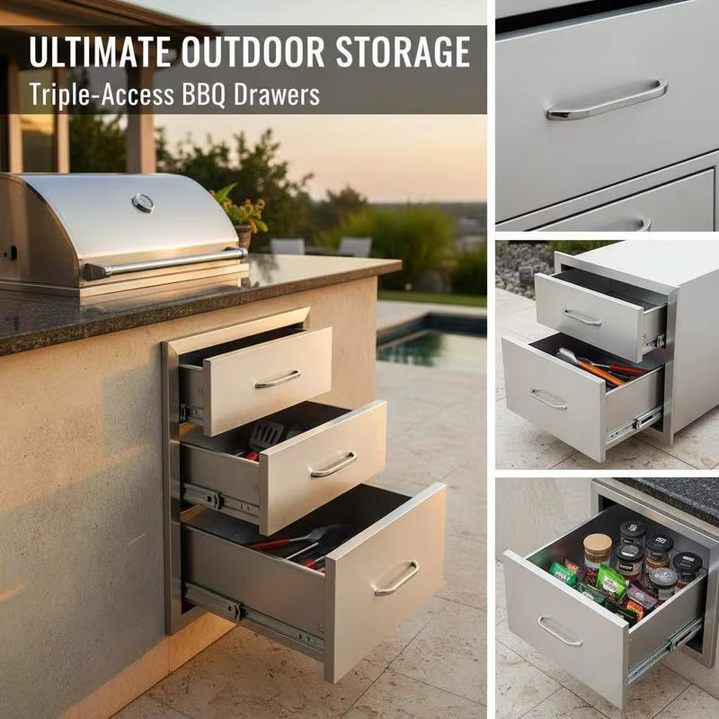 Outdoor-Küche aus Edelstahl in Grau mit drei Grill-Schubladen und Chromgriffen, B/T/H: 45,8 x 58,5 x 58,8 cm - Bild 2