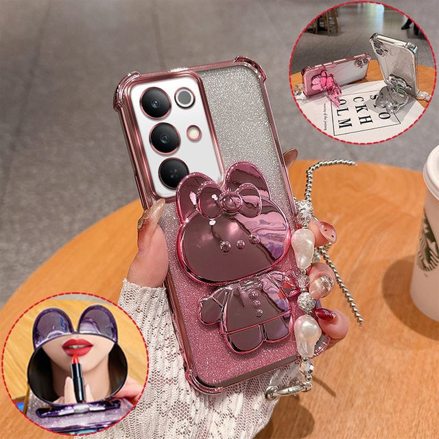Glitzernde 3D-Hasen-Spiegel-Handyhülle für Oppo Realme C85 Pro 15X in Pink mit Perlenkette und sturzsicherem Design - Bild 1