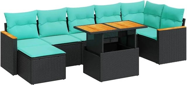 vidaXL 8-teilige Garten-Sofagarnitur in L-Form aus Poly-Rattan und Akazienholz mit Kissen in Schwarz - Bild 1