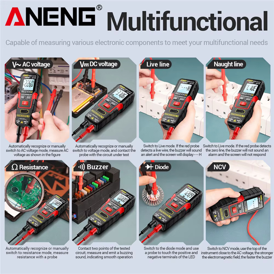 ANENG M129 Digitales Multimeter mit 4000 Anzeigen, 500V AC/DC Spannung, NCV-Funktion, Widerstandsmessgerät mit Taschenlampe und Hintergrundbeleuchtung in Rot und Schwarz - Bild 5
