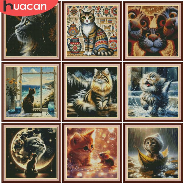 HUACAN Kreuzstich-Set Katze mit DMC-Garn und bedruckter Leinwand in Multicolour für dein DIY-Kunstprojekt - Bild 1