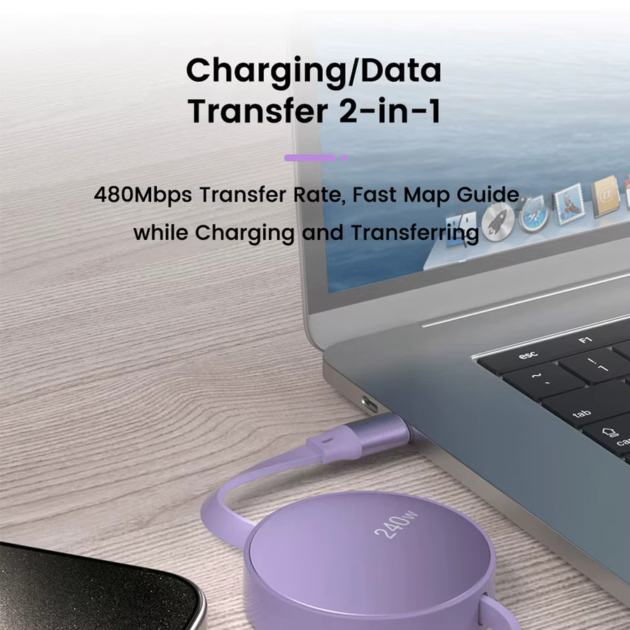 PD 240 W USB-C auf USB-C Schnelllade-Datenkabel mit Einzugfunktion, 1 m Länge, für iPhone, Xiaomi und Samsung, in Grün oder Lila - Bild 3
