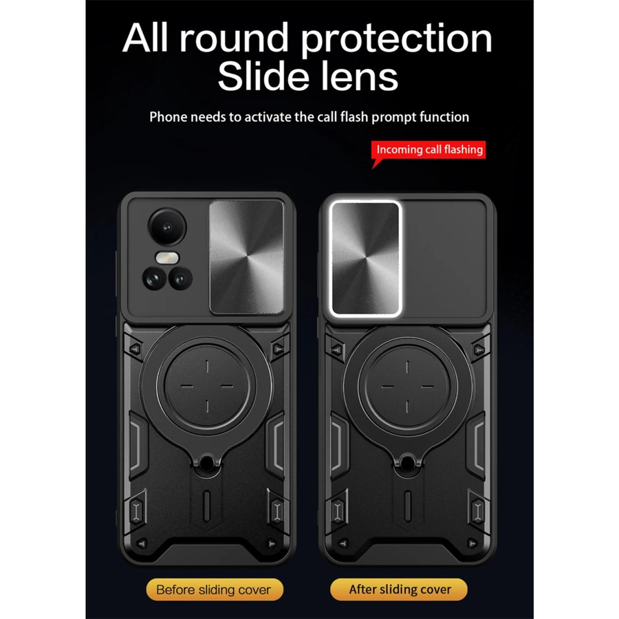Stoßfeste Armor Handyhülle mit Schiebe-Objektivschutz und Ringhalter für OPPO Reno 10 5G in Schwarz - Bild 4