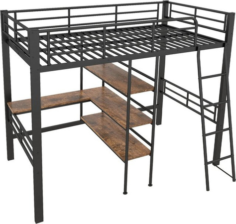 KOMHTOM Hochbett aus Metall mit Schreibtisch, Regalen und Leiter in Schwarz, B/T/H: 90 x 200 x 174 cm