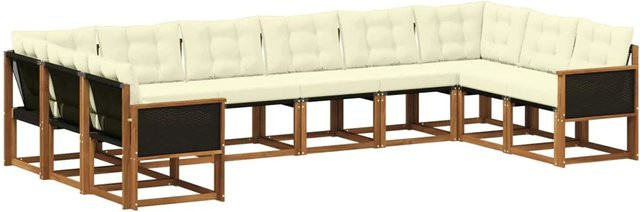 vidaXL Outdoor-Sofagarnitur in L-Form aus Akazie mit 10 Kissen in Natur und Creme - Bild 1