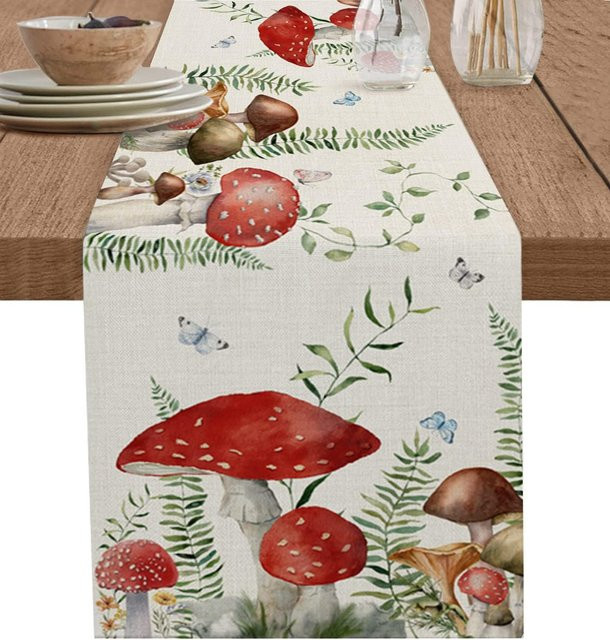 JINGYUE Pet Tischläufer aus Leinen mit Frühlings-Eukalyptus- und Pilz-Motiv in Grau und Multicolour, B: 150 cm, T: 33 cm - Bild 1