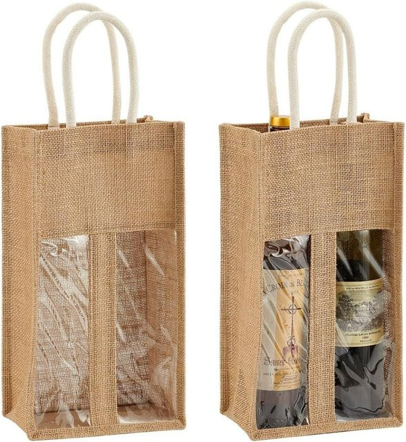 2er-Pack Weinflaschenbeutel aus Jute mit transparentem PVC-Fenster in Beige - Bild 1