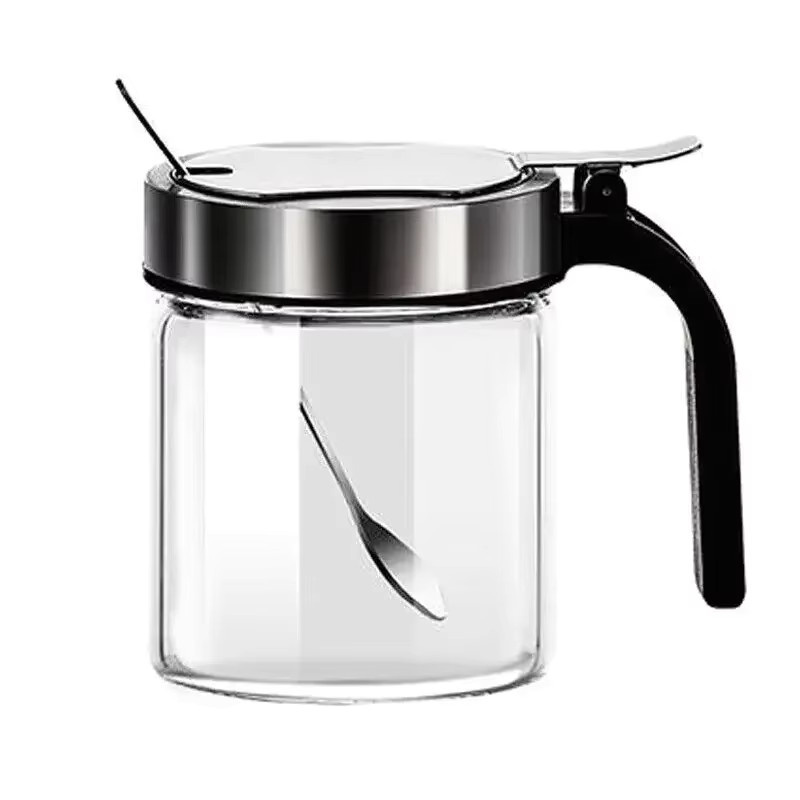 LIJIAO Gewürzglas aus Glas mit Löffel für Salz, Zucker oder Gewürze, 300 ml, transparent/grau - Bild 5