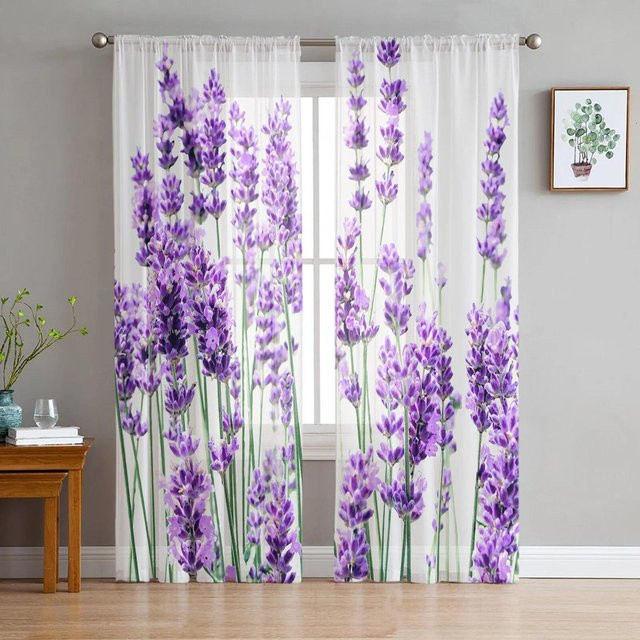 Transparente Voile-Fenstervorhänge mit Lavendel-Blumenmuster von A Family Of Home Textiles in Weiß, Breite: 135 cm, Höhe: 114 cm - Bild 1