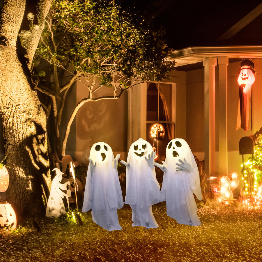 HOMCOM 3er-Set Halloween Geister-Hofpfähle mit LED-Lichtern in Weiß, Höhe: 60 cm - Bild 2