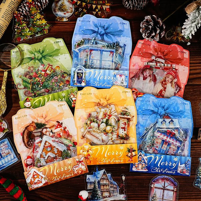 15 dekorative Weihnachts-PET-Aufkleber für Scrapbook und DIY-Collagen, Mehrfarbig - Bild 1