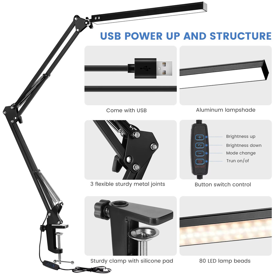 ASCELINA LED-Schreibtischlampe Schwarz, dimmbar und verstellbar, moderne Tischleuchte für Home Office und professionelle Aufgaben, Höhe: 33 cm - Bild 5