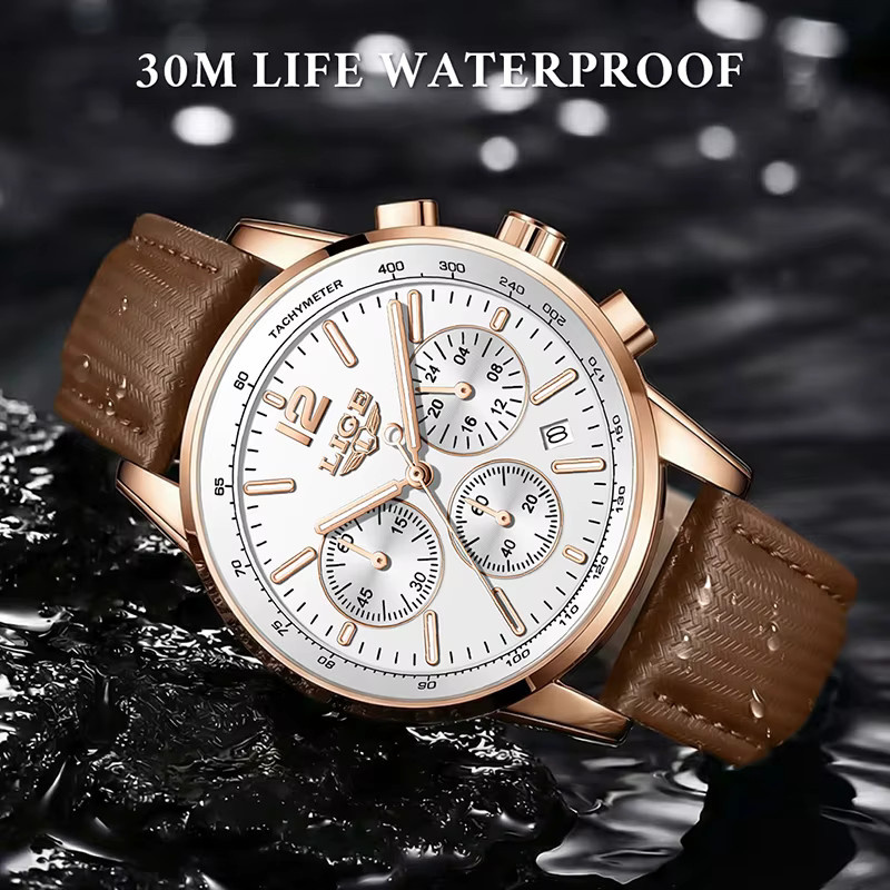LIGE Chronograph, Quarz, Leder, Roségold, Weiß, Herren - Bild 2