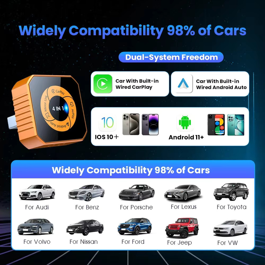 CarRocket 4-in-1 Kabelloser CarPlay Adapter mit Airplay Mirror Link, WiFi und Bluetooth für Android Auto und Smart Car System, Orange - Bild 6