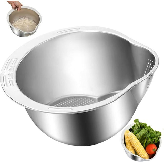 FEB.WIND Multifunktionales Reiswasch-Sieb aus Edelstahl in Silber, runde Waschschüssel mit Seitenabtropffläche für Obst und Gemüse, Durchmesser: 26,5 cm, Höhe: 13,5 cm - Bild 1