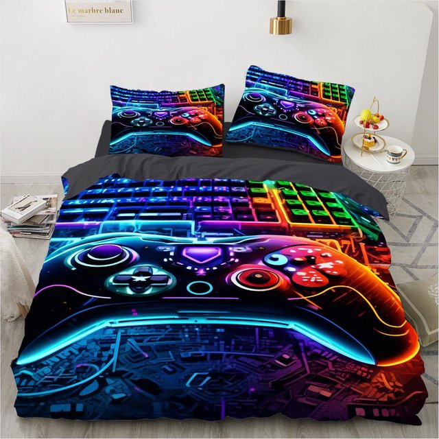 Bettwäsche-Set Game King Queen von Binchi Fitness mit 3D-Spielgriff-Motiv in Schwarz und Multicolour, bestehend aus Bettbezug und Kissenbezug, Breite: 140 cm, Länge: 210 cm - Bild 1