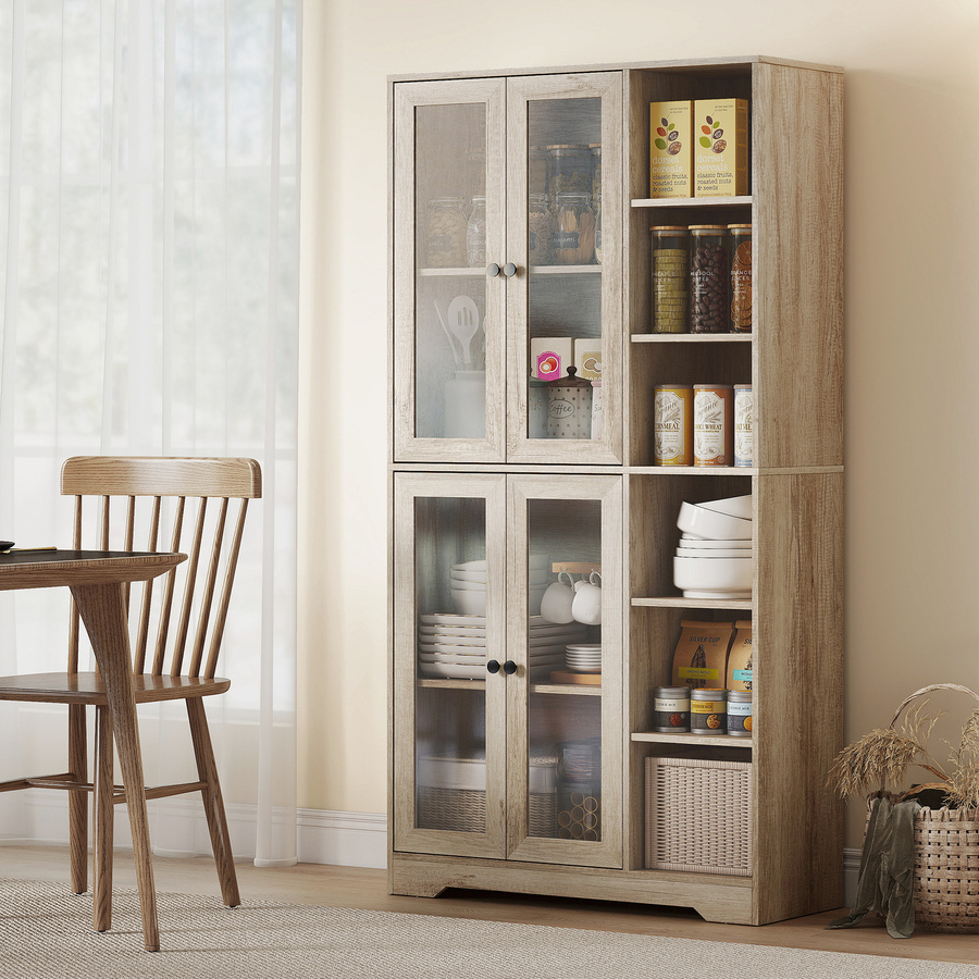 Küchenschrank HOMCOM mit 4 Glastüren und Soft-Close, Küchenwagen mit offenen Regalen und verstellbaren Regalen, Grau, B/T/H: 90 x 35 x 172 cm, Aosom - Bild 2