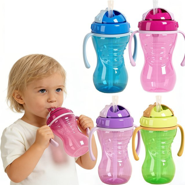Auslaufsicherer Baby-Trinkbecher mit Griff und Strohhalm, Blau, 300 ml - Bild 1