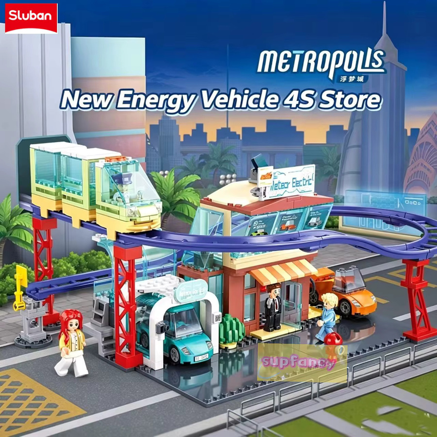 Sluban Metropolis Zentrale Straßenbahn-Station & Auto-4S-Shop, Bausteine Stadtansicht, mit Charakterfiguren - Bild 2