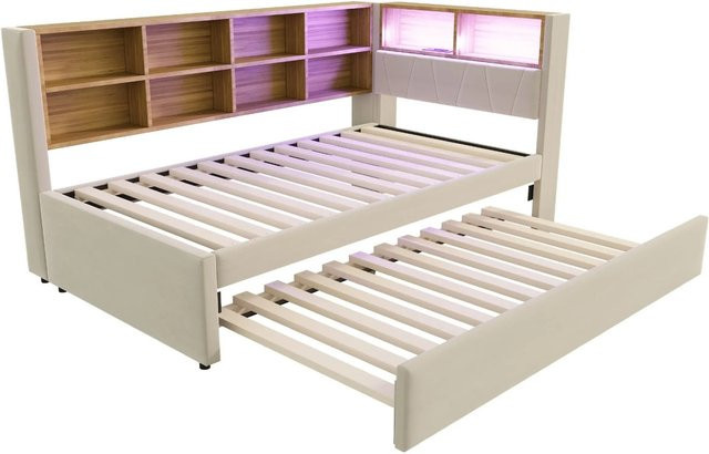 Merax Schlafsofa mit LED-Beleuchtung und USB-Ladeanschluss, Ausziehbett mit Schublade, Beige - Bild 1