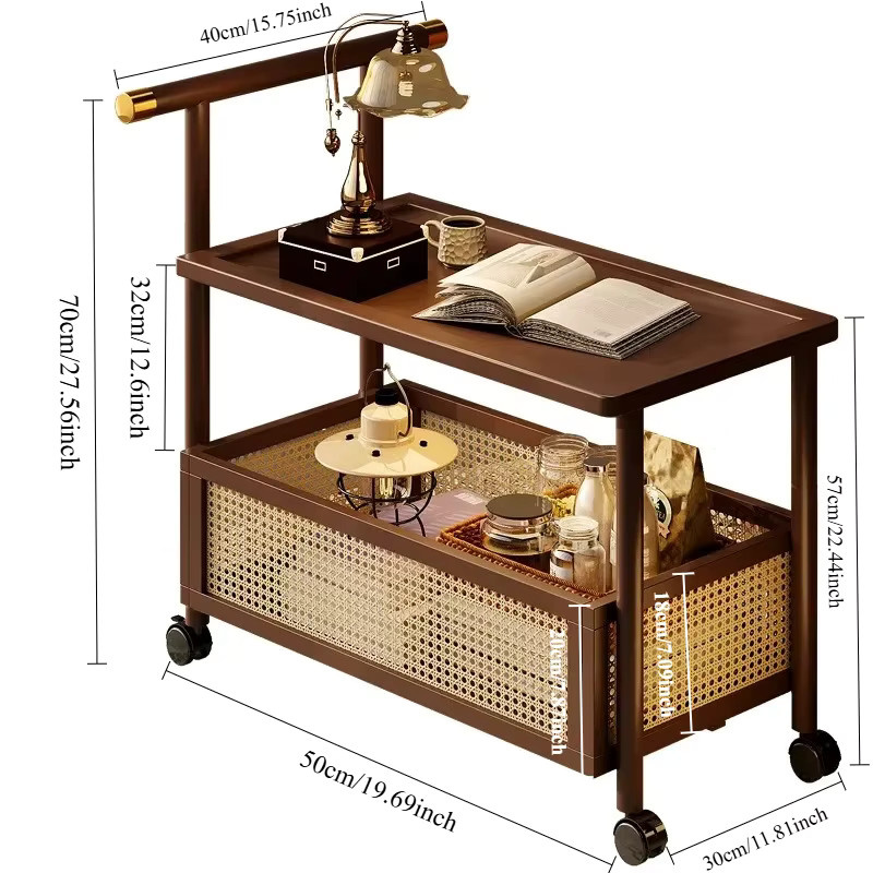 LIUSHADUOLA Mobiler Beistelltisch in Antik-Optik mit Rattan und Rollen, braun, Rechteckig, B/T/H: 70 x 50 cm - Bild 5