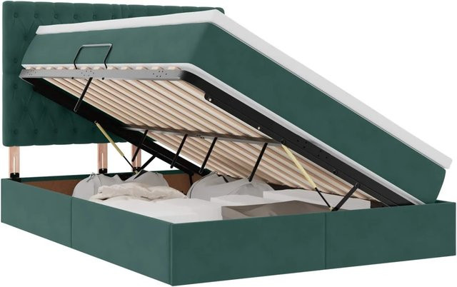 vidaXL Bett mit Stauraum und LED in Dunkelgrün aus Samt, B/T/H: 140 x 200 x 144 cm - Bild 1