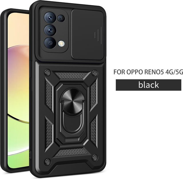 Oppo Find X3 Lite und Reno5 Armor Handyhülle mit Magnetring-Halter und Schiebe-Kameraschutz in Schwarz - Bild 1