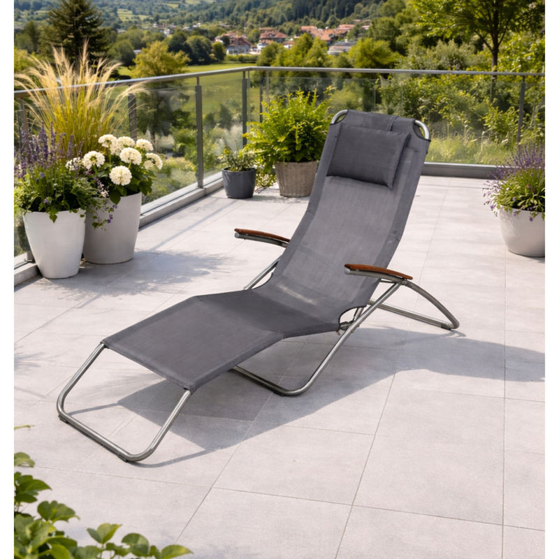 LECO Sonnenliege Elegance aus Edelstahl und Eukalyptusholz in Silbergrau mit verstellbarer Kopfstütze und Armlehnen, B/T/H: 65 x 177 x 109 cm - Bild 2