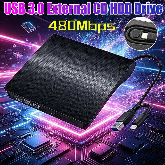 APWIKOGER Externes USB 3.0 CD/DVD Laufwerk mit USB-C Anschluss, Schwarz, Kompatibel mit Windows und Mac OS - Bild 1