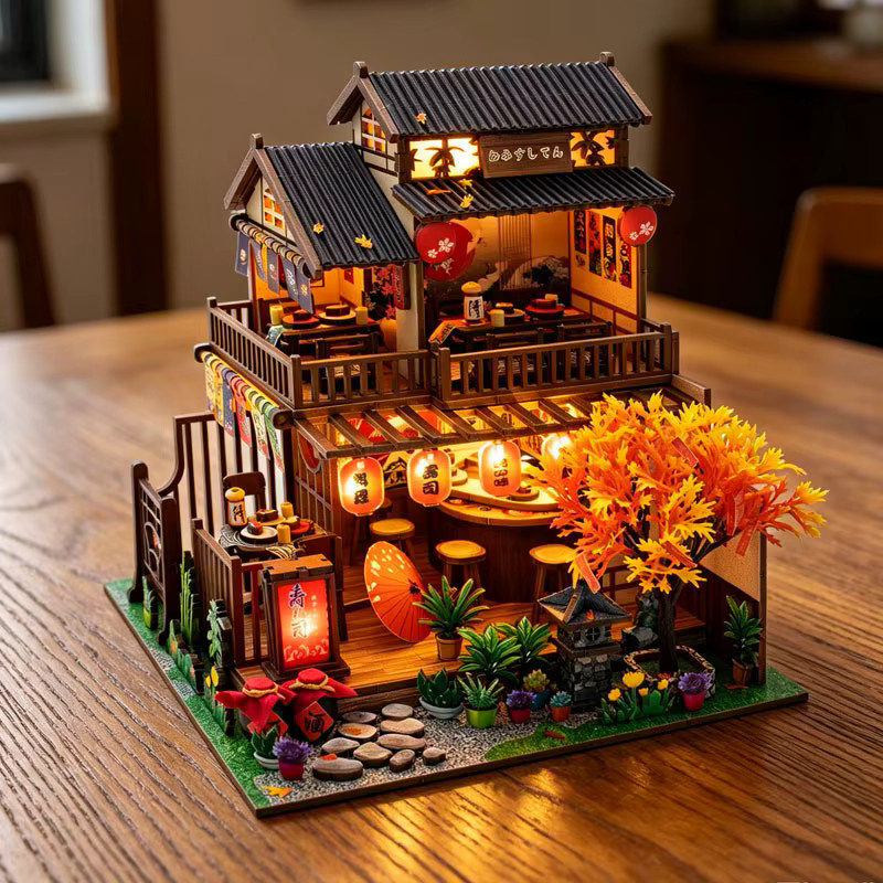 zuuton Japanisches Restaurant Miniatur-Puppenhaus, DIY-Set, 3D-Holzpuzzle, mit LED-Beleuchtung - Bild 3