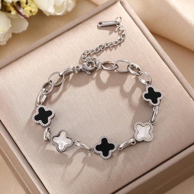 LMXWLY Armband, Titanstahl, Schwarz-weißes Kleeblatt, Silber, Damen, 22cm - Bild 1
