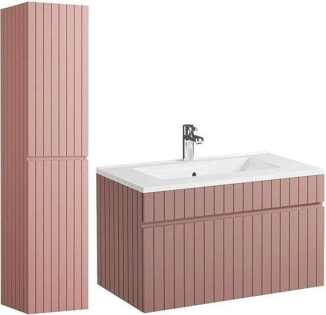 Vente-unique Badmöbel-Set Satara in Puderrosa mit Hängebadmöbel, Einbauwaschbecken und Säule, matte Ausführung, Breite: 80 cm, Tiefe: 46 cm, Höhe: 46 cm - Bild 1