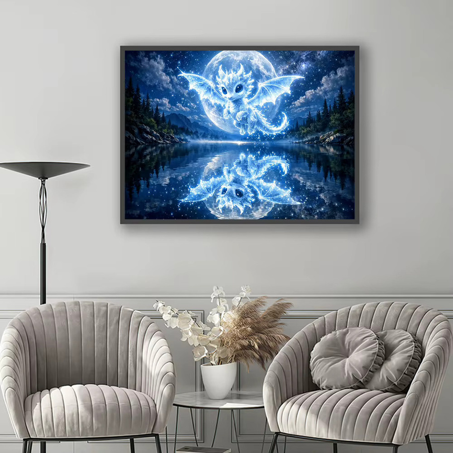 EverShine Mond-Diamant-Stickerei Drachen-Wandkunst mit Sternenhimmel und Berg-Motiv in Blau, B/H: 30 x 30 cm - Bild 3