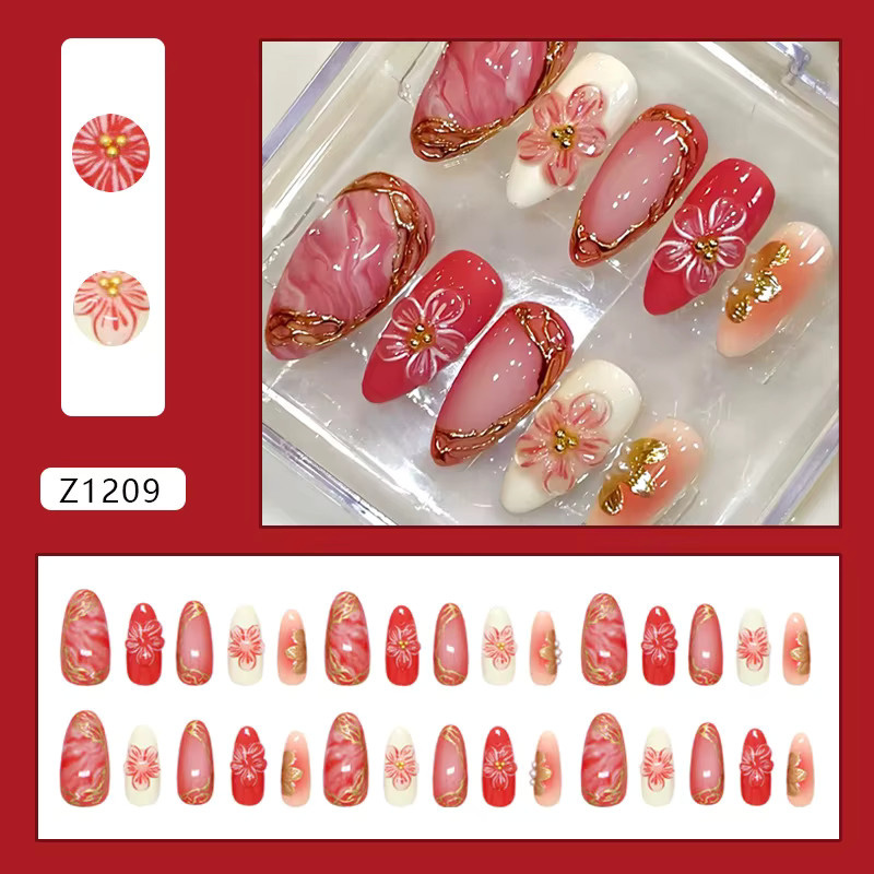 YADORNOS Kunstnägel, rote Blumen, Mandelform, rosa Rouge, Glänzend, 30 Stück - Bild 2