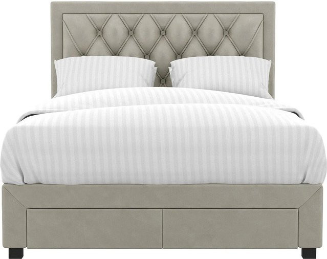 Vente-unique Bettrahmen Leopold in Beige mit Samtbezug und Schubladen, Breite: 160 cm, Tiefe: 200 cm, Höhe: 216,5 cm - Bild 1