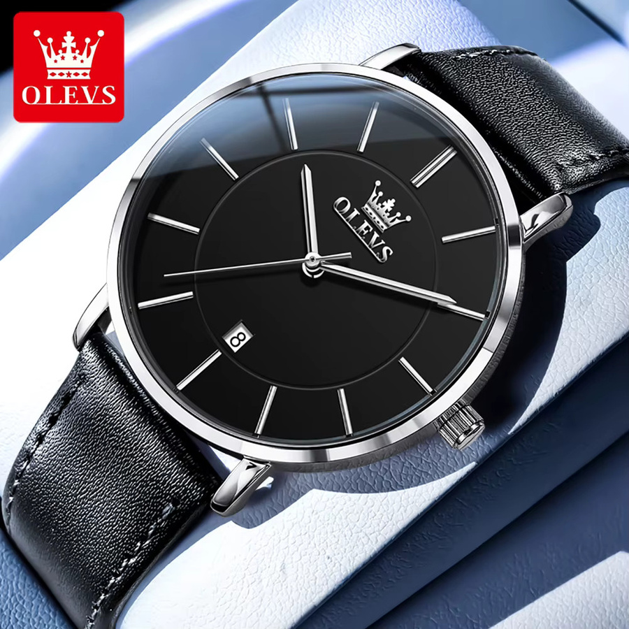 OLEVS Armbanduhr, Quarz, Edelstahl, Leder, Schwarz, Herren - Bild 5