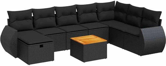 vidaXL 9-teilige Garten-Sofagarnitur aus Poly-Rattan und Akazienholz in Schwarz mit Kissen - Bild 1