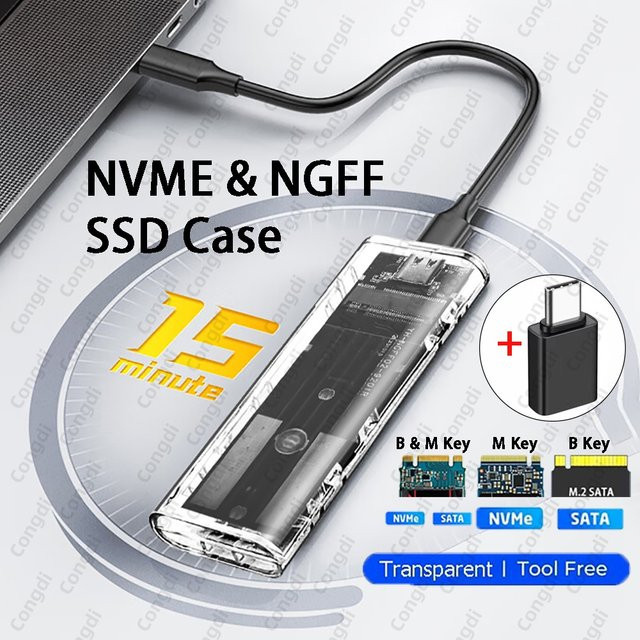 Congdi M.2 Externes SSD-Gehäuse für NVMe und SATA NGFF, USB Typ C, 5/10Gbps, Transparent - Bild 1