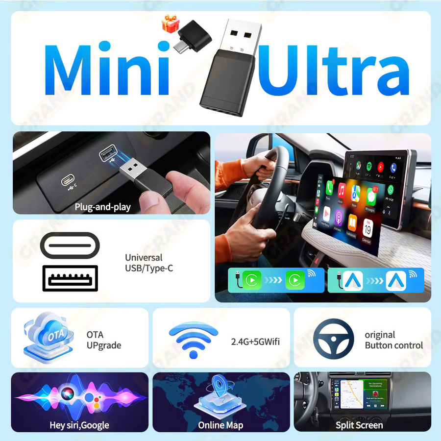 Grandnavi 2in1 Mini Kabelloser CarPlay und Android Auto Adapter, USB Dongle für Audi, Toyota, VW, Peugeot, MG und Ford, Schwarz - Bild 2