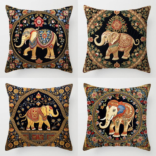 VIKAMA Kissenbezug im Boho-Stil mit Elefanten-Motiv, quadratisch, Schwarz, B/B: 30 x 30 cm - Bild 1