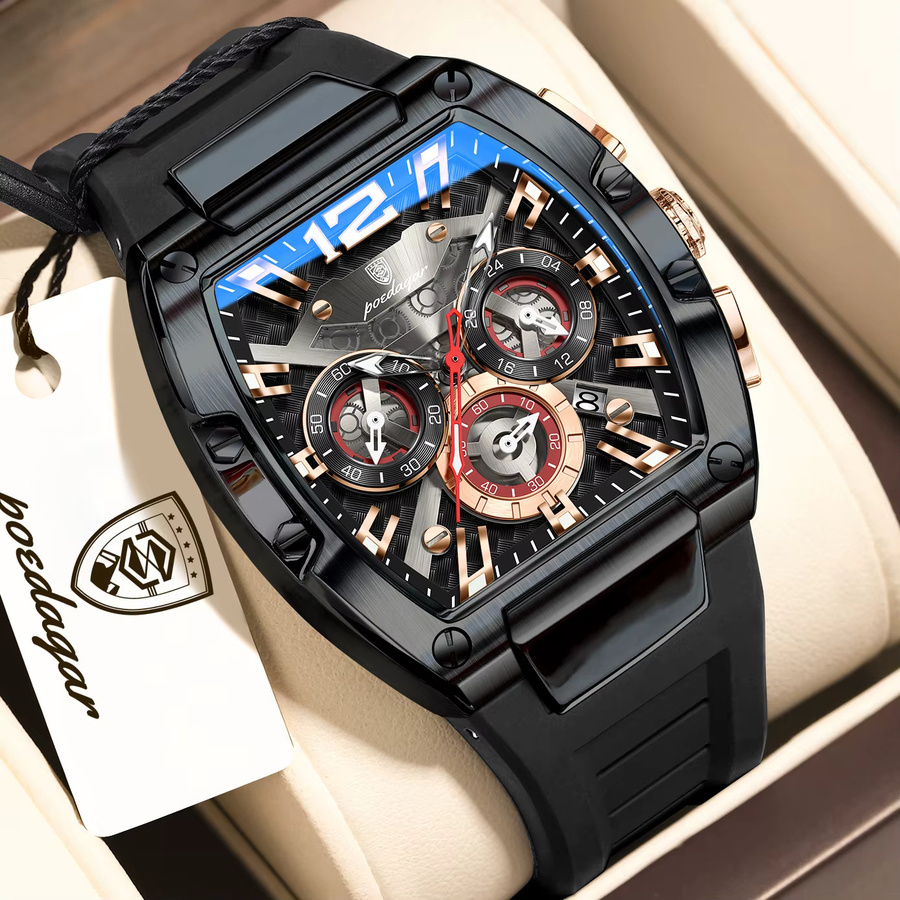 POEDAGAR Armbanduhr Chronograph, Quarz, Silikon, Schwarz, Herren - Bild 2