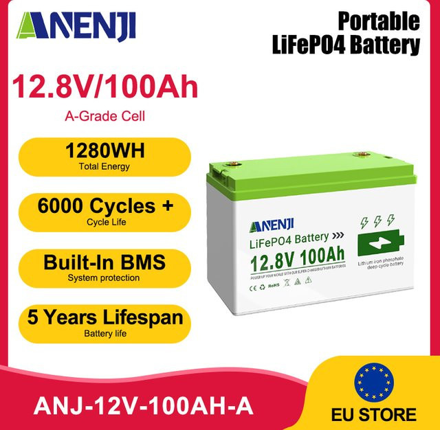 ANENJI 12V 100Ah LiFePO4 Batterie 1,28kWh Lithium-Eisenphosphat Solarbatterie mit integriertem BMS für Solarenergiespeicherung - Bild 1