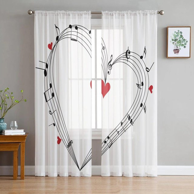 Transparente Tüllvorhänge mit Musiknoten-Design von A Family Of Home Textiles, Farbe Weiß, B: 135 cm, H: 137 cm - Bild 1