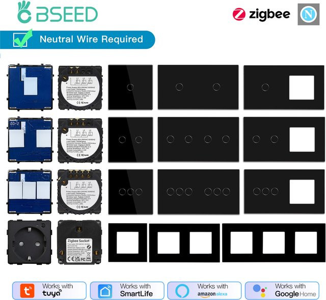 BSEED Zigbee Smart Dimmer und Rollladenschalter mit Glaspanel in Schwarz für Tuya DIY-Projekte inklusive Neutralleiter - Bild 1