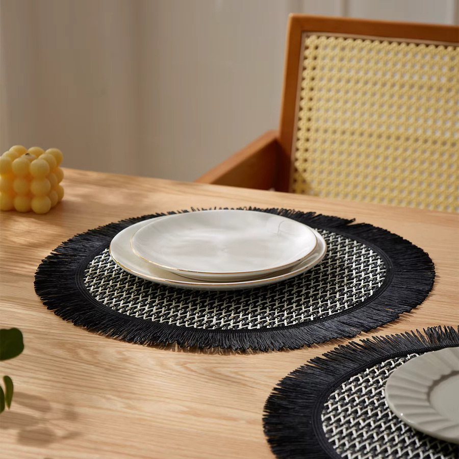 4er-Set Tabletex Tischsets aus gewebtem Papier im Boho-Design, rund, Beige und Schwarz, Durchmesser: 38 cm - Bild 2
